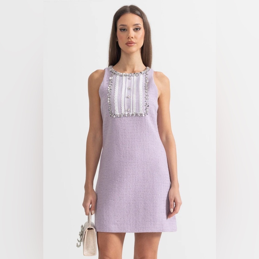 Sierra Darien Textured Tweed Mini Dress W/Sequin & Lace Embellishment Sz S